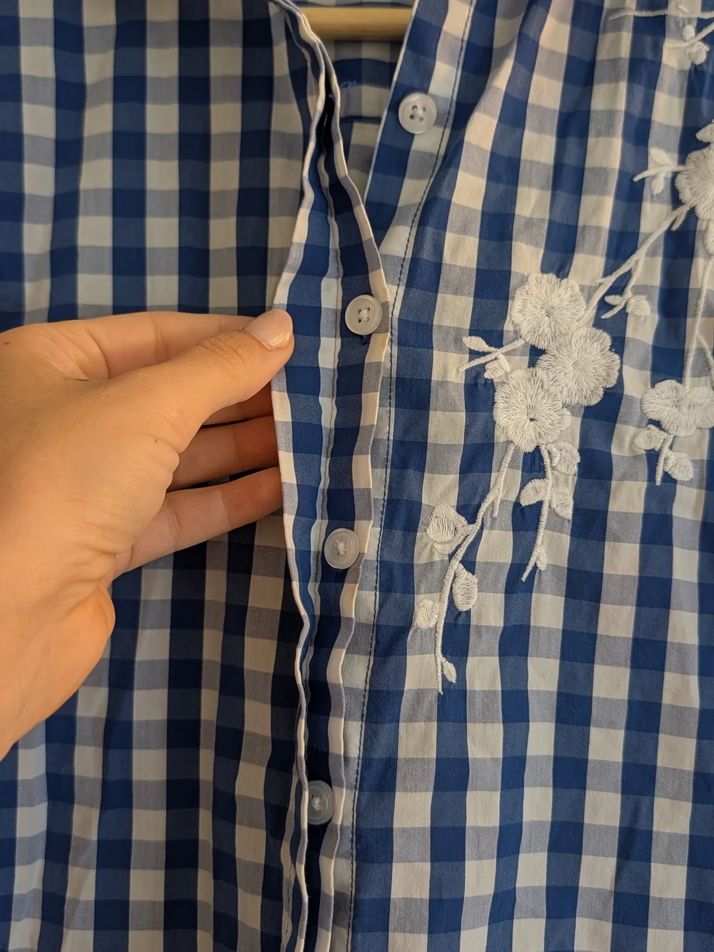 Croft & Barrow Blue Gingham Button-Up Shirt with White Floral Embroidery